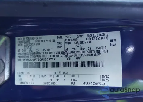 2016 Ford Escape S z USA, uszkodzony, nr VIN 1FMCU0F76GUB89712